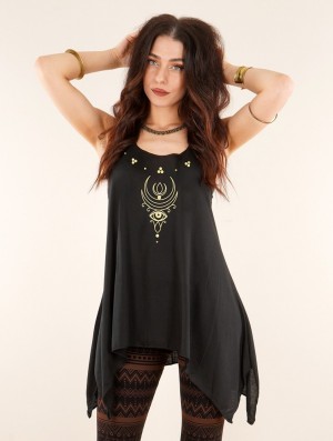 Toonzshop Alruwhani Printed Knotted Sleeveless Tunic Oberteile Damen Schwarz Gold | 0348HIMQD