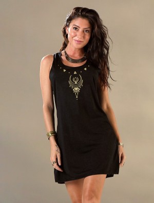 Toonzshop Alruwhani Printed Sleeveless Short Dress Kleid Damen Schwarz Gold | 7803AHORZ