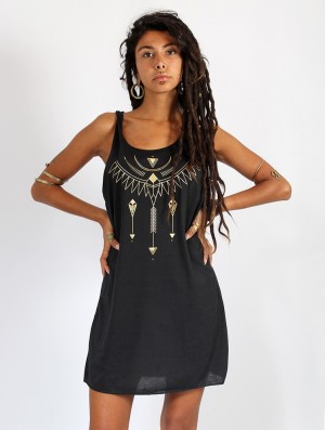 Toonzshop Amonet Printed Sleeveless Short Dress Kleid Damen Schwarz Gold | 4695DTASK