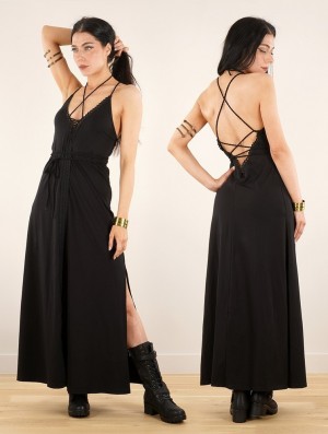 Toonzshop Amulette Lace-up Split Long Dress Kleid Damen Schwarz | 0531TQZLN