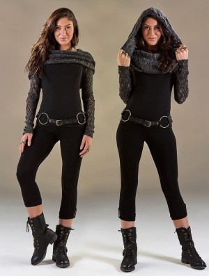 Toonzshop Atmäa Crochet Long Sleeve Top Oberteile Damen Schwarz Grau | 9783YBHTP