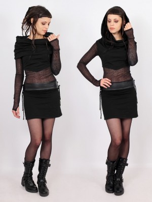 Toonzshop Azmiyäa Transparent Insert Long Sleeve Short Dress Kleid Damen Schwarz | 1487TAPDI