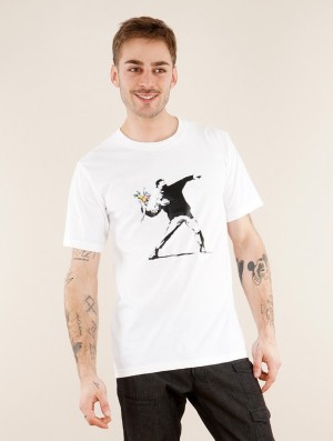 Toonzshop Banksy Hooligan Flowers Printed Short Sleeve T-shirt T-Shirt Herren Weiß | 2985RWEJC