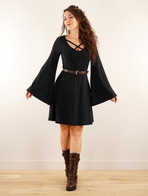 Toonzshop Black Moon Reversible Flared Long Sleeve Dress Kleid Damen Schwarz | 6251KLMFR