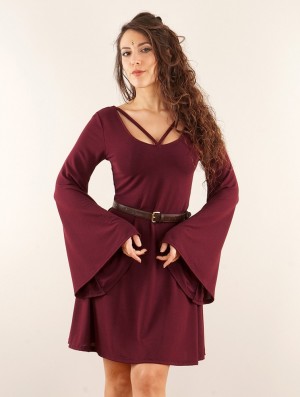 Toonzshop Black Moon Reversible Flared Long Sleeve Dress Kleid Damen Wine | 4921XKWOA