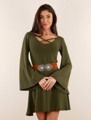 Toonzshop Black Moon Reversible Flared Long Sleeve Dress Kleid Damen Grün | 0379SLCMP