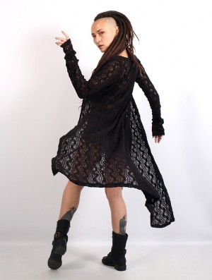Toonzshop Boheme Crochet Long Cardigan Strickjacke Damen Schwarz | 9671DOTZP
