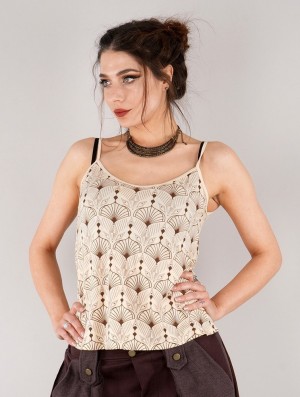 Toonzshop Ciryandil Peafowl Printed Shoulder Strap Top Oberteile Damen Beige | 0824URXOW