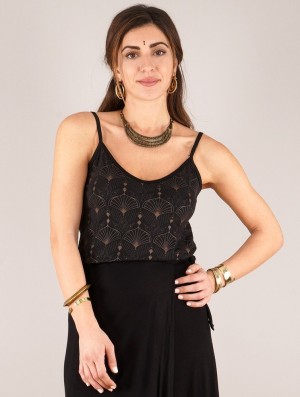 Toonzshop Ciryandil Peafowl Printed Shoulder Strap Top Oberteile Damen Schwarz | 1245NAVTU