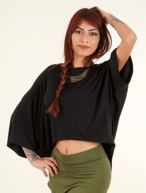 Toonzshop Daedra Bat Wing Sleeve Crop Top Oberteile Damen Schwarz | 5896MQRIX