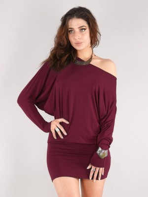 Toonzshop Daedra Short Dress With Bat Wing Sleeve Kleid Damen Wine | 9536LOSHG