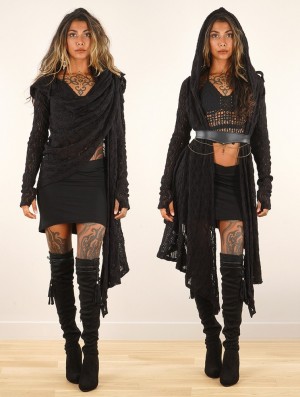 Toonzshop Danaeriz Long Sleeve Hooded Crochet Shawl Cardigan Strickjacke Damen Schwarz | 9012DIOAS