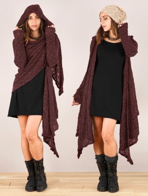 Toonzshop Danaeriz Long Sleeve Hooded Crochet Shawl Cardigan Strickjacke Damen Wine | 5682VYHBP