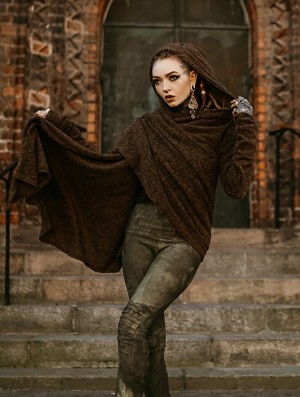 Toonzshop Danaeriz Long Sleeve Hooded Shawl Cardigan Strickjacke Damen Braun | 0391LQFOG