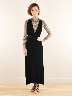 Toonzshop Darayava Long Slit V-neck Dress Kleid Damen Schwarz | 6953GRQES