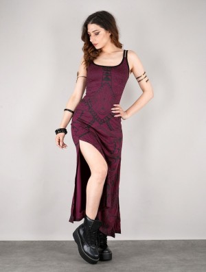 Toonzshop Electra Africa Printed Long Split Strappy Dress Kleid Damen Wine | 7893RXAYT