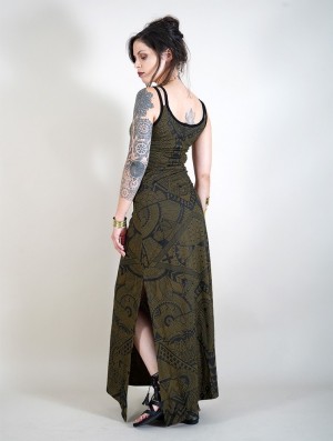 Toonzshop Electra Africa Printed Long Split Strappy Dress Kleid Damen Grün | 7394VAPZX