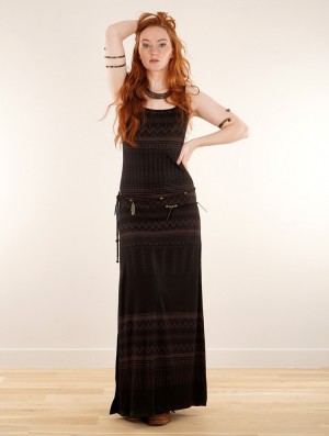 Toonzshop Electra Aztec Printed Long Split Strappy Dress Kleid Damen Schwarz | 7205GEZYU