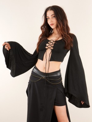 Toonzshop Elfique Flared Long Sleeve Crop Top With Front Lacing Oberteile Damen Schwarz | 8360KQYDL
