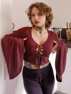 Toonzshop Elfique Flared Long Sleeve Crop Top With Front Lacing Oberteile Damen Wine | 2953BGWED