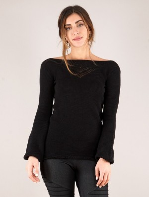 Toonzshop Endaria Open Work Boat Neck Knit Sweater Pullover Damen Schwarz | 2587KHFUV