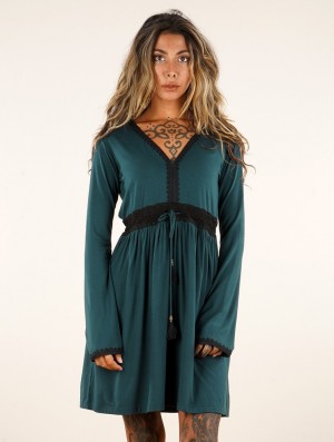 Toonzshop Firiel Long Sleeve Dress With Crochet Detail Kleid Damen Teal | 6975XWZUS
