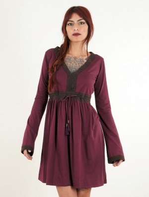 Toonzshop Firiel Long Sleeve Dress With Crochet Detail Kleid Damen Wine | 9426BXFEY