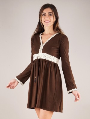 Toonzshop Firiel Long Sleeve Dress With Crochet Detail Kleid Damen Dunkelbraun | 3470UQENP