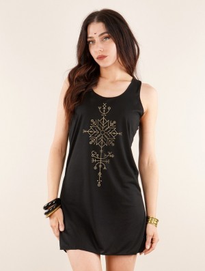 Toonzshop Freyja Printed Sleeveless Short Dress Kleid Damen Schwarz Gold | 8761TXQZH