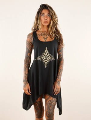 Toonzshop Freyliss Printed Knotted Sleeveless Tunic Oberteile Damen Schwarz Gold | 8706HEOQS