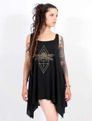 Toonzshop Geometric Dragonfly Printed Knotted Sleeveless Tunic Oberteile Damen Schwarz Gold | 3690BKZFT