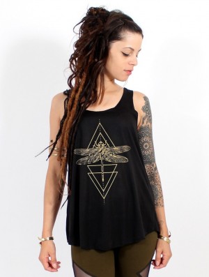 Toonzshop Geometric Dragonfly Printed Tank Top Tanktop Damen Schwarz Gold | 9713GUNAY