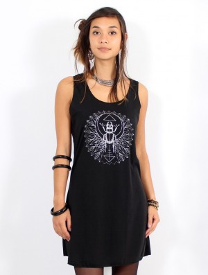 Toonzshop Geometric Scarab Printed Sleeveless Short Dress Kleid Damen Schwarz Silber | 6941SWIEJ