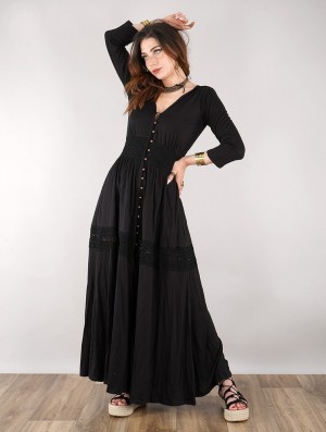 Toonzshop Heldaria Buttoned Long Dress Kleid Damen Schwarz Schwarz | 8634ZSVYT
