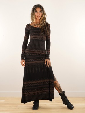 Toonzshop Inanna Aztec Pinted Long Sleeve Long Dress Dress Kleid Damen Schwarz | 1926VCRSN