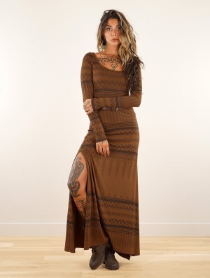 Toonzshop Inanna Aztec Pinted Long Sleeve Long Dress Dress Kleid Damen Goldenbrown | 9327DYEPS