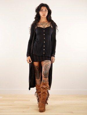 Toonzshop Irwaen Indie 2in1 Cardigan/Long Sleeve Midi Dress Kleid Damen Schwarz | 1948UCEDI