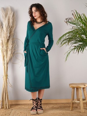 Toonzshop Irwaen Indie 2in1 Cardigan/Long Sleeve Midi Dress Kleid Damen Blau | 6041JQLYT