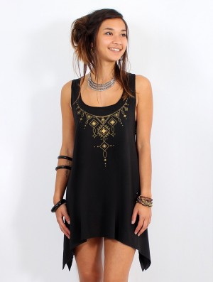 Toonzshop Kyaani Printed Knotted Sleeveless Tunic Oberteile Damen Schwarz Gold | 5216FQCNJ