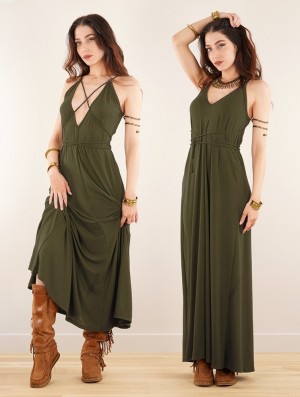 Toonzshop Lazüli Loose And Reversible Strappy Long Dress Kleid Damen Khaki | 5042PTARY