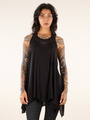 Toonzshop Lotus Luinil Printed Flared Tank Tunic Oberteile Damen Schwarz Kupfer | 0432MEOVQ