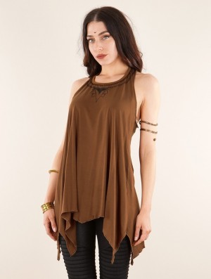 Toonzshop Lotus Luinil Printed Flared Tank Tunic Oberteile Damen Caramel | 9862PQHEA