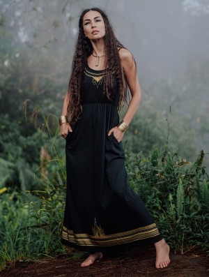 Toonzshop Lotus Oromë Printed Strappy Long Dress Kleid Damen Schwarz | 8726NYSQJ