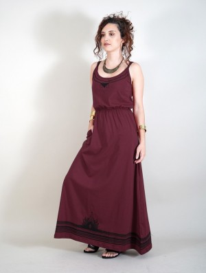 Toonzshop Lotus Oromë Printed Strappy Long Dress Kleid Damen Dunkelrot | 8631RDZHK