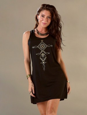 Toonzshop Luunja Printed Sleeveless Short Dress Kleid Damen Schwarz Gold | 6810IWLJU