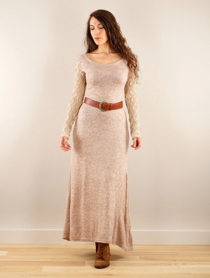 Toonzshop Melisandre Crochet Long Sleeve Long Sweater Dress Kleid Damen Beige | 8931IBKJZ