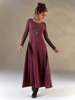 Toonzshop Melisandre Crochet Long Sleeve Long Sweater Dress Kleid Damen Wine | 2589UXIKO