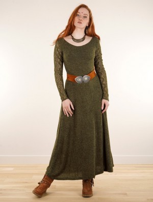 Toonzshop Melisandre Crochet Long Sleeve Long Sweater Dress Kleid Damen Olivgrün Grün | 0951ZVUQO