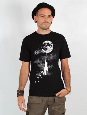 Toonzshop Moon Balloon Printed Short Sleeve T-shirt T-Shirt Herren Schwarz | 3597WGLEF