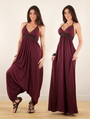 Toonzshop Nolofinwe Strappy Bare Back Long Dress And Harem Pant Overalls Kleid Damen Wine | 2986MHUDC